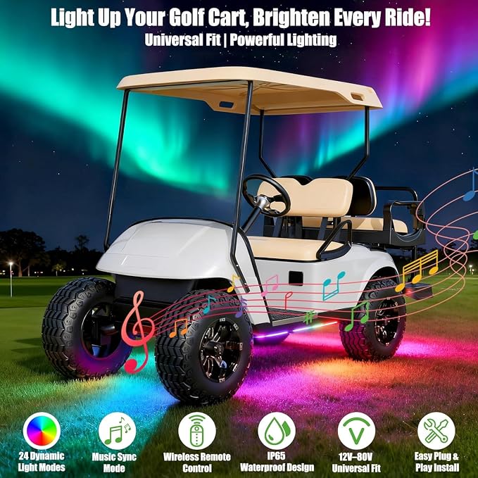 10L0L Golf Cart Underglow Light Kit with Canopy Lights, IP67 Waterproof, 24 Dream Color Modes Wireless Remote Music Sync, 12V-80V Wide Voltage Fit for Yamaha EZGO Club Car