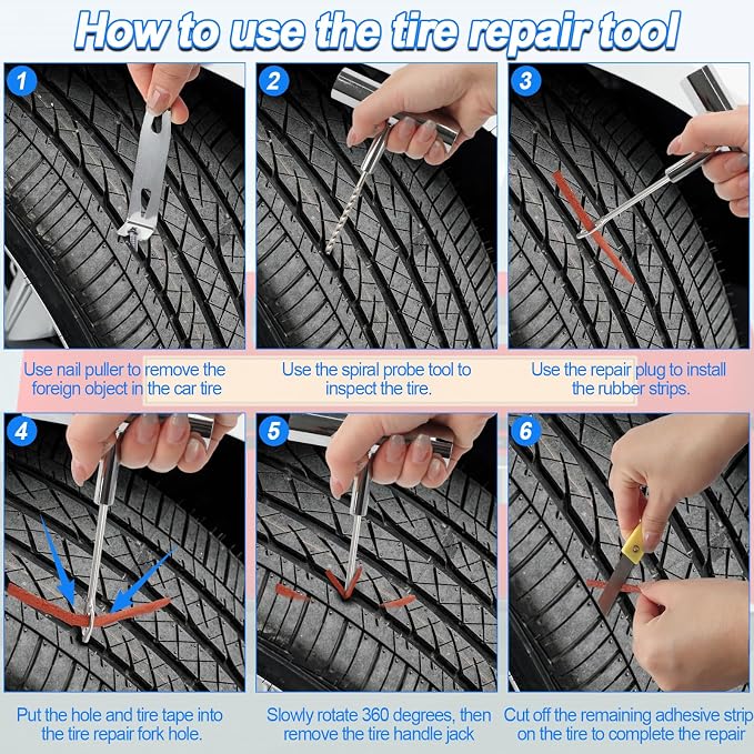 Tire Plug Kit, 95 PCS Tubeless Tire Repair Kit with Heavy-Duty Metal T-Handle Tools, Repair Strips, Screw-in Repair Plugs, Valve Core Tool, Caps & Storage Case for Car SUV Motorcycle ATV