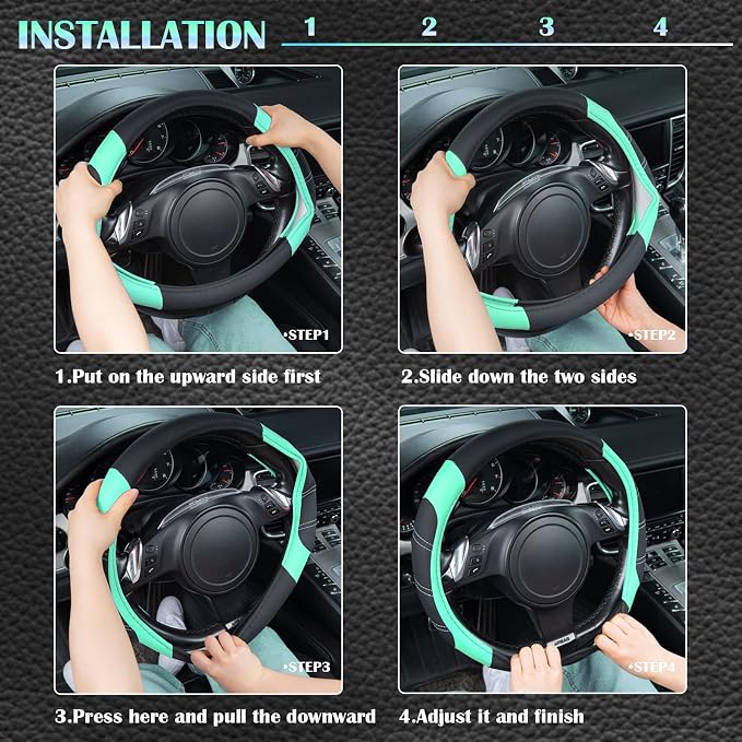 CAR PASS Line Rider Microfiber Leather Sporty Steering Wheel Cover Universal Fits for 95% Truck,SUV,Cars, 14.5-15 inch Anti-Slip Safety Comfortable Design (Black Mint Blue)