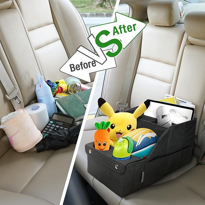 MULISOFT Car Seat Organizer- Backseat Car Organizer with 11 Storages Compartments and 2 Cup Holders, Organizers and Storage, Front Seat for Travel Kids,Black | Made from durable Oxford fabric with a waterproof surface, anti-slip buckles, and a foldable...