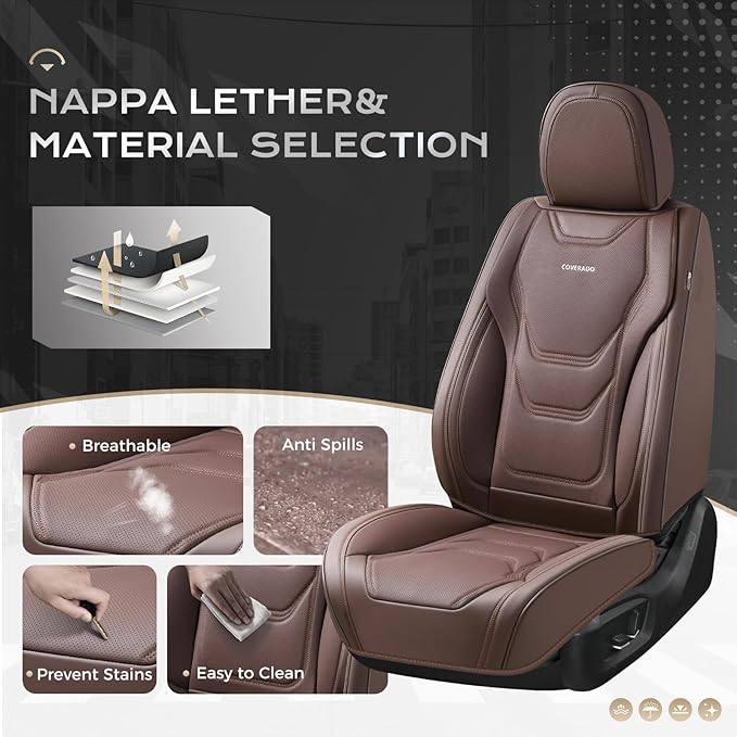 Coverado Car Seat Covers Front Seats, 2 Piece Car Seat Protector Waterproof Leather Seat Cushion Universal Fit for Truck Automotive Vehicles Brown