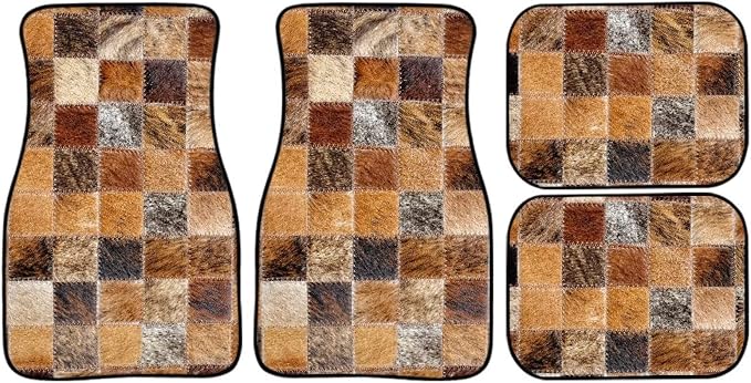 Faux Cowhide Patchwork Print Car Floor Mats Set of 4 Retro Cow Fur Pattern Universal Vehicle Floor Carpet Decorative Auto Front Rear Foot Rugs for Trucks SUV Sedan