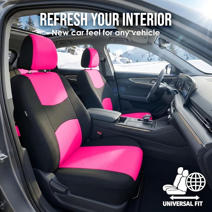 FH Group Car Seat Covers Full Set Cloth - Universal Fit Automotive Seat Covers, Low Back Front Seat Covers, Solid Back Seat Cover, Washable Car Seat Cover for SUV, Sedan and Van Pink