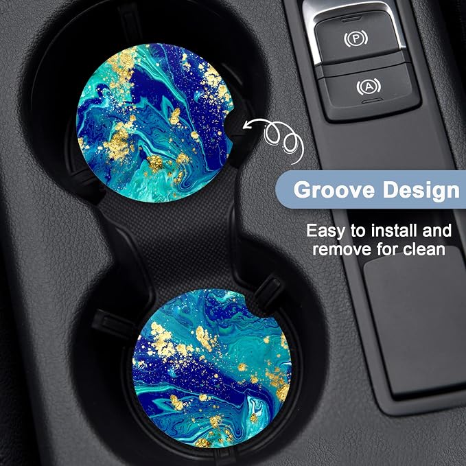 Nipichsha Car Coasters for Cup Holders, 2 Pack Absorbent Ceramic Car Cup Holder Coaster for Drinks, Cute Auto Assecories for Women Men, Size 2.56 in with Finger Notch & Cork Base, Teal Marble