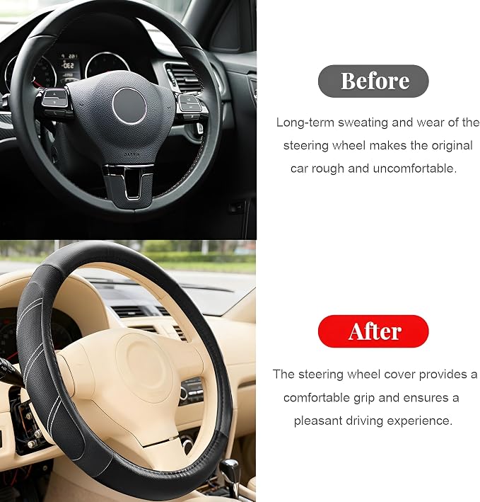 Car Steering Wheel Cover, 14.5-15" Non-Slip Soft Leather Breathable Sporty Steering Wheel Protector, Comfortable Automotive Interior Protection Accessories, Universal for Vehicles (Black)