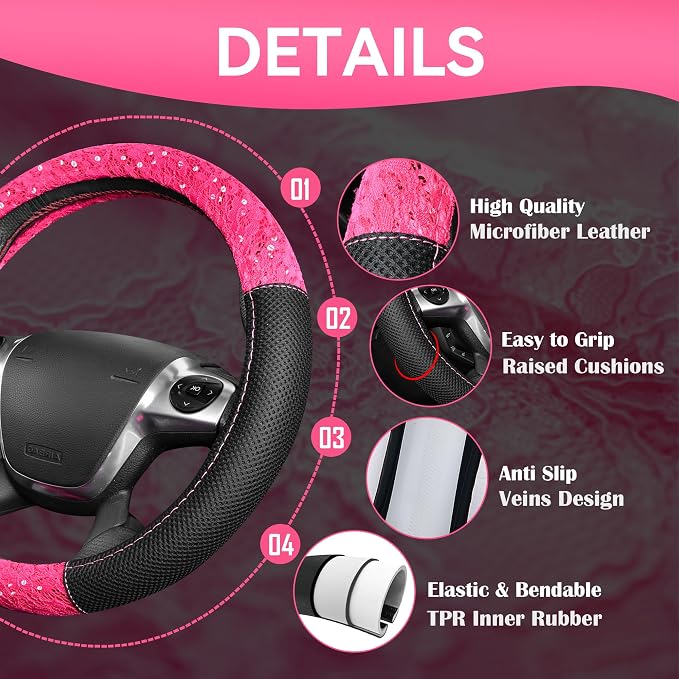CAR PASS Universal Leather Pink Lace Car Seat Covers Full Set for Women Girls, Waterproof Car Floor Mats Carpet, Steering Wheel Cover for Cars Accessories Interior Sets 10PCS Included