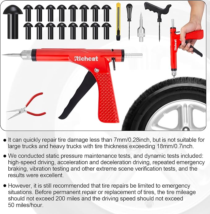 (New model in July 2026) Richcat Tubeless Tire Puncture Repair Kit with Mushroom Plug, repairs punctures and flat tires for motorcycles, cars, trucks, ATVs,Gun Puncture Repair Kit