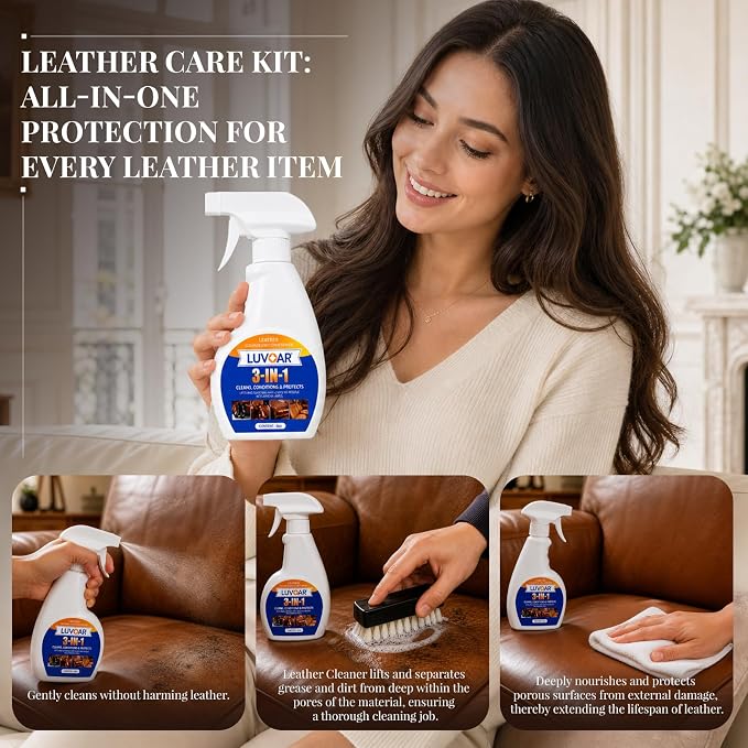 Leather Cleaner and Conditioner 3-in-1 Spray, Use on Leather Furniture, Car Seats, Shoes, Bags, Jackets and Leather Bags with Microfiber Brush & Microfiber Cloth(32 oz Spray Bottle)