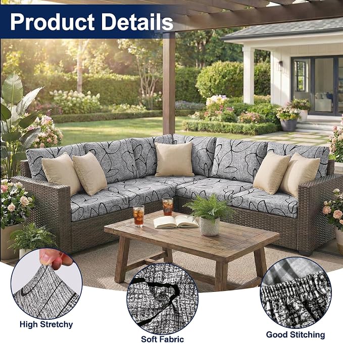 Smiry Waterproof Patio Cushion Covers, Stretch Outdoor Couch Slipcovers Replacement Washable Furniture Protector Sofa Chair Seat Cover for Dogs and Pets (12 Pcs, Grey and Black)