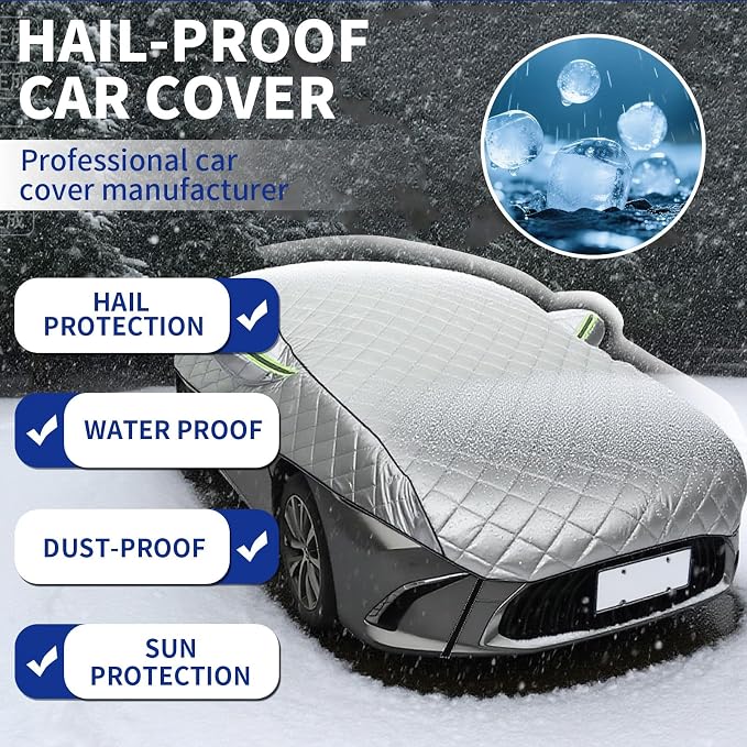 Hail Protection Car Cover Half Cover,5-Layer Heavy Duty Waterproof 210T Taffeta with Double Cotton Padding,Sun UV Rain Snow Resistant,fit Hatchback,Sedan and SUV with Lengths from 4.3 m-4.5 m,Silver