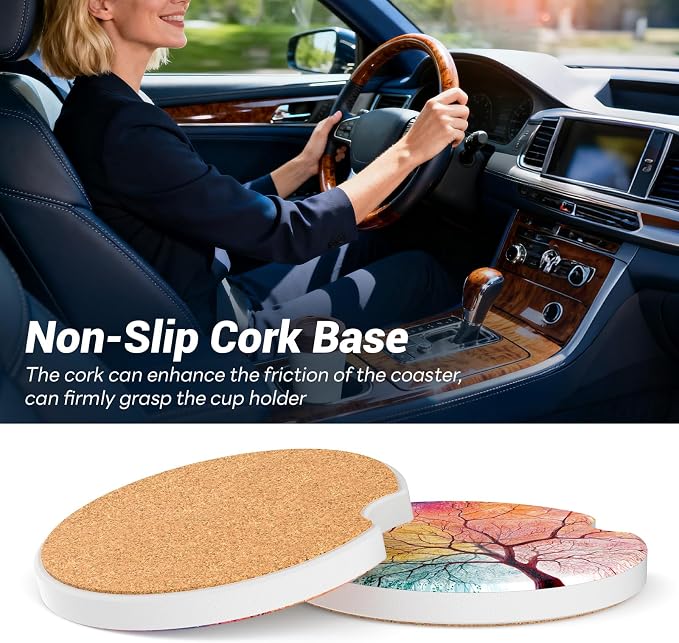 2 Pack Ceramic Car Coasters for Cup Holder, 2.56 in Anti Slip Absorbent Coaster with Cork Base and Finger Notch, Funny Cute Car Accessories for Women, Colorful Tree