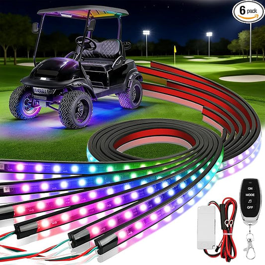 CLUBRALLY 6PCS Golf Cart Underglow LED Light Kit, 28 Modes Full-Body Neon Glow, 12-85V, Music Sync, Wireless Remote, Waterproof Strips, Fits EZGO, Club Car, Yamaha Golf Carts, 6 Pack