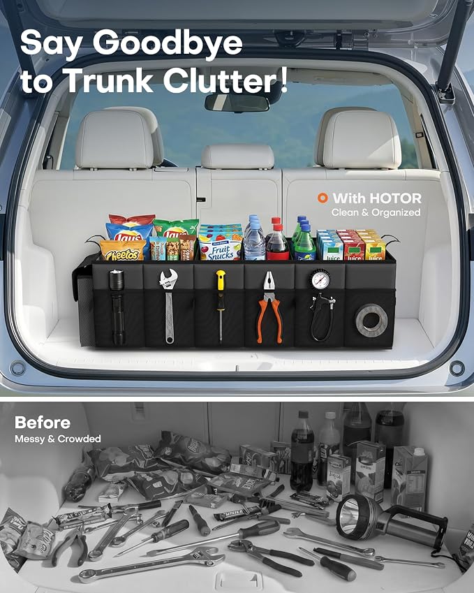 HOTOR Trunk Organizer for Car & SUV, Sturdy Car Organizer with Removable Cooler, Large Foldable Trunk Organizer with Cooler, 3 Compartments, Adjustable Straps, Black, 35.43”×14.17“×10.63”