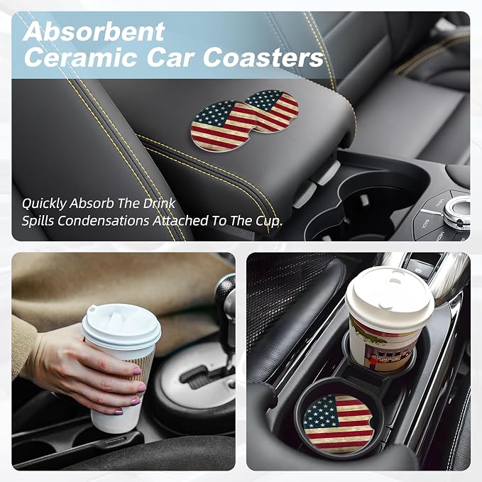 American Flag Car Coasters for Cup Holders,2 Pack Car Cup Holder Coasters for Car,Ceramic Absorbent Car Coaster with A Finger Notch and Cork Base,Car Interior Accessories for Women Men