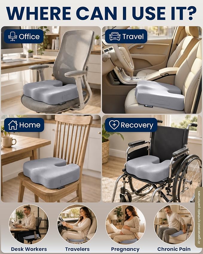 5 STARS UNITED Seat Cushion - Memory Foam Chair Cushion for Tailbone Pain Relief - Ergonomic Support for Coccyx, Sciatica & Butt - Office, Desk & Gaming Chair, Car Seat, Wheelchair, Airplane, L Gray