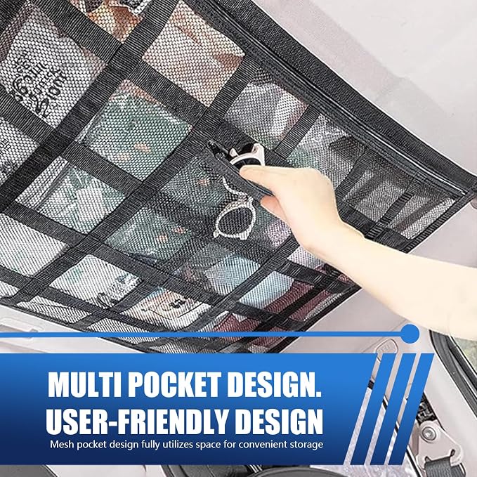 Car Ceiling Cargo Net Pocket, Black, Universal Heavy Duty Automotive Roof Storage Accessories for Truck SUV Car with Buckle Fasteners, Polyester Mesh, 31.49In x 21.25In