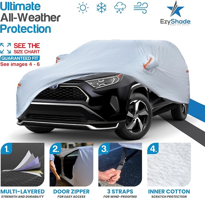 EzyShade Multi-Layer SUV Car Cover Waterproof All Weather - See Vehicle Size-Chart - Outdoor Full Exterior Covers for Automobiles - Heavy Duty Tarp Jeep Rav4 Equinox Trax CRV. Size S3 (See SizeChart)