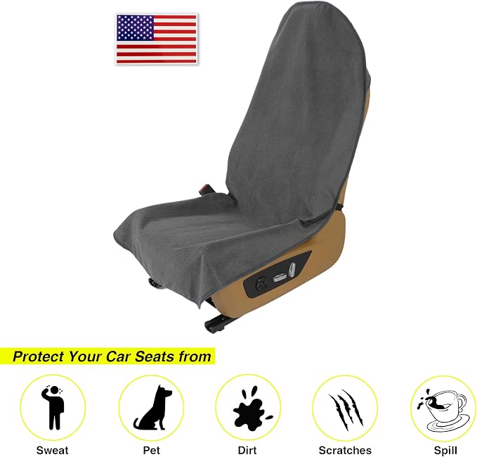 Waterproof Towel Car Seat Cover, Sweatproof Non-Slip Seat Protector, Universal Fit for Front Bucket or Rear Bench Seat of Cars, SUVs, Vans, Trucks, Compatible with Airbags and Armrests (Gray, 2 Pack)