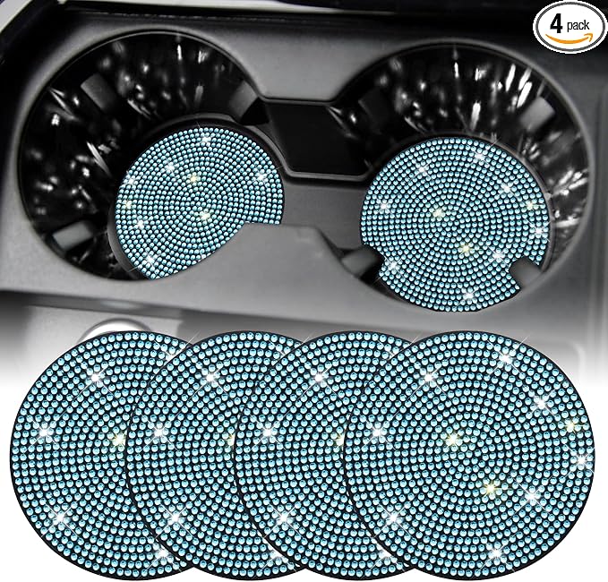 SINGARO Bling Cup Holder Coasters for Car, 4PCS Universal Non-Slip Cup Holder, Embedded Decorative Coasters, Shiny Crystal Car Interior Accessories Gifts for Women (Sky Blue)