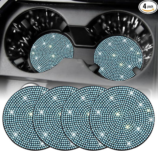 SINGARO Bling Cup Holder Coasters for Car, 4PCS Universal Non-Slip Cup Holder, Embedded Decorative Coasters, Shiny Crystal Car Interior Accessories Gifts for Women (Sky Blue)