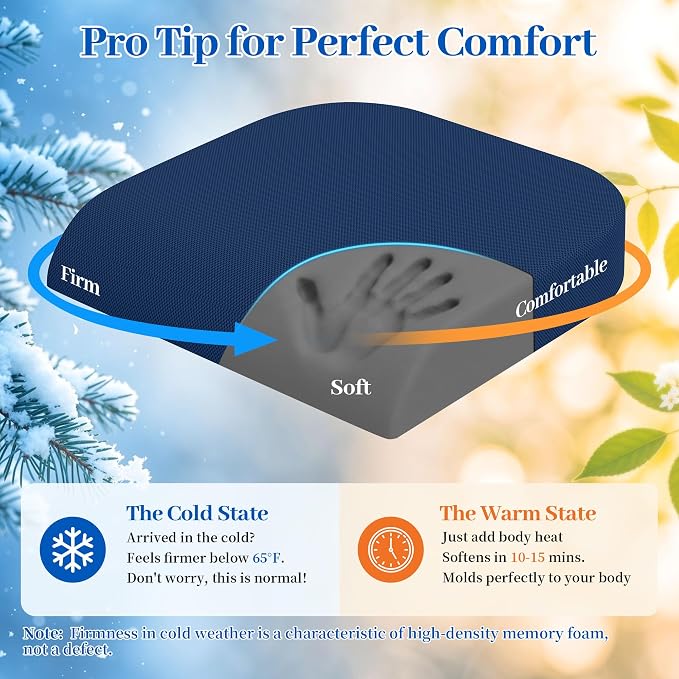 TranquilRelax XLarge Seat Cushion, Memory Foam Cushion for Long Sitting Hours on Office Chair, Home & Car, Non-Slip Chair Pad for Relieving Back & Sciatica & Hip & Coccyx Pain (Blue)