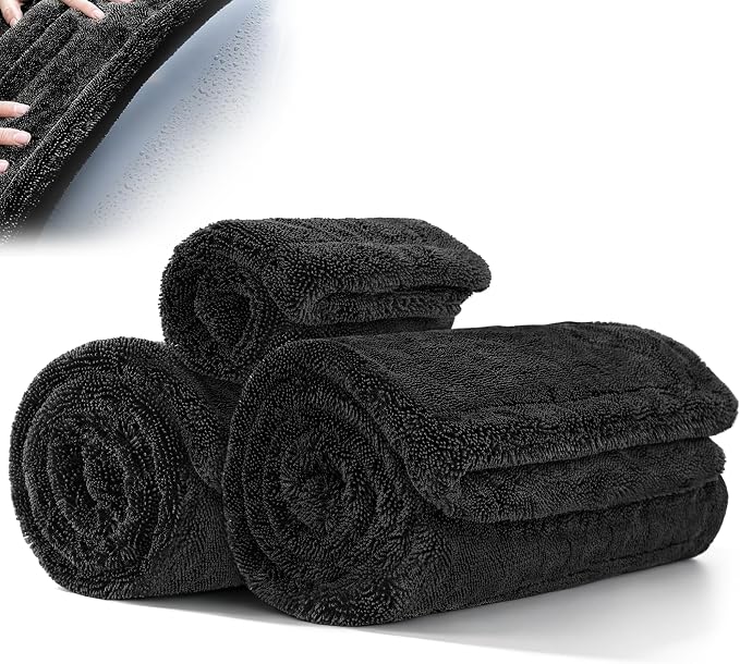 Aodaer 3 Pack Car Drying Towel, 1200GSM Microfiber Towels for Cars | 24 x 36 Inch & 12 x 12 Inch Super Absorbent Detailing Towels Dual Sided Streak-Free Twisted Loop for Auto SUV Truck Boat Home