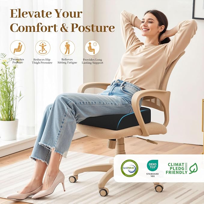 TranquilRelax Memory Foam Seat Cushion for Office Chair, 3-Inch Height Boost, Ergonomic Firm Support for Long Sitting, Non-Slip Chair Pad for Car Seats & Short Drivers
