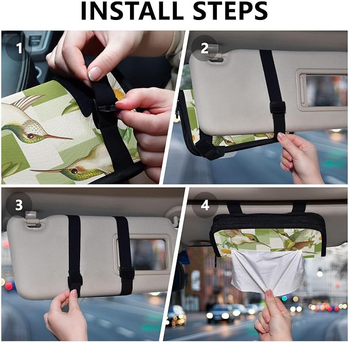 Car Visor Tissue Holder Mask Holder for Car, Car Tissue Box Sun Visor Napkin Holder Car Visor Accessories Adjustable Straps Reusable Durable Easy to Install Checkered Green and White Hummingb