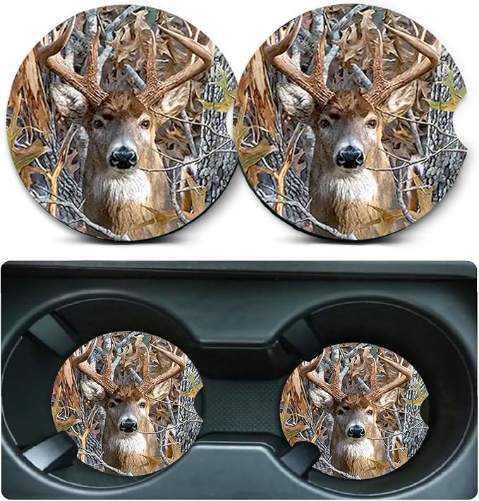 2 Pack Camo Deer Car Cup Holder Coasters Universal Neoprene Coasters | 2.75" Universal Size Anti Slip Rubber Mat, Auto Cup Holder Accessories for SUV Truck, Camo Deer Gifts for Women Men Mom
