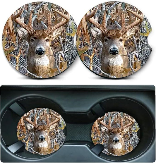 2 Pack Camo Deer Car Cup Holder Coasters Universal Neoprene Coasters | 2.75" Universal Size Anti Slip Rubber Mat, Auto Cup Holder Accessories for SUV Truck, Camo Deer Gifts for Women Men Mom