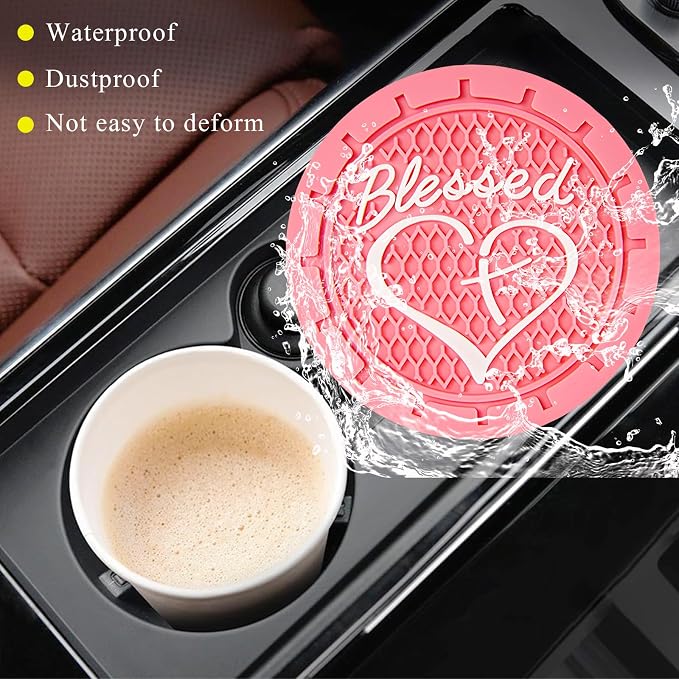 KVAEY 2 PCS Car Cup Holder Coasters, 2.76 Inch Anti Slip Vehicle Drink Mats with Cute Blessed Cross and Heart, Shockproof, Universal Car Accessories (Pink, 2 PCS)