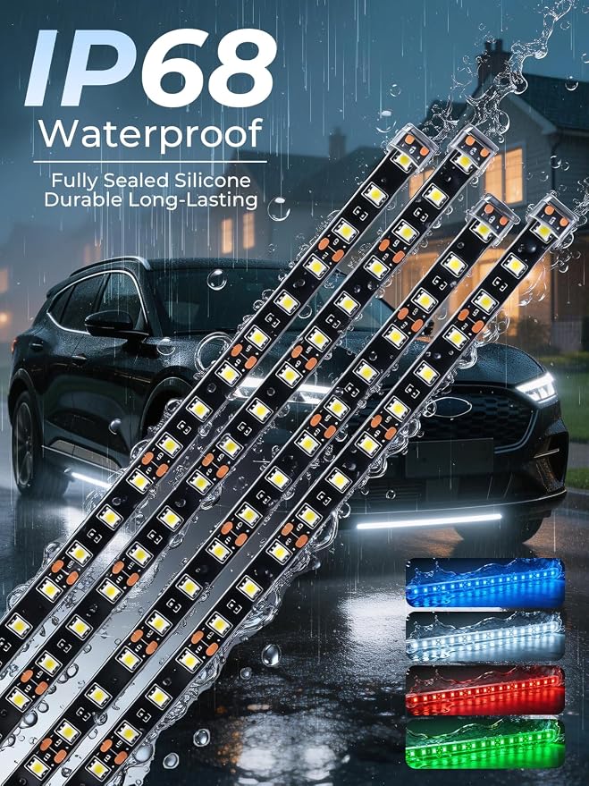 Car LED Strip Lights IP68 Waterproof Cuttable 12inch White 4 Pcs | 12V Footwell & Underbody Lights, 18pcs 5050 SMD, interior & exterior light, fits SUVs, trucks, motorcycles, boats, golf carts