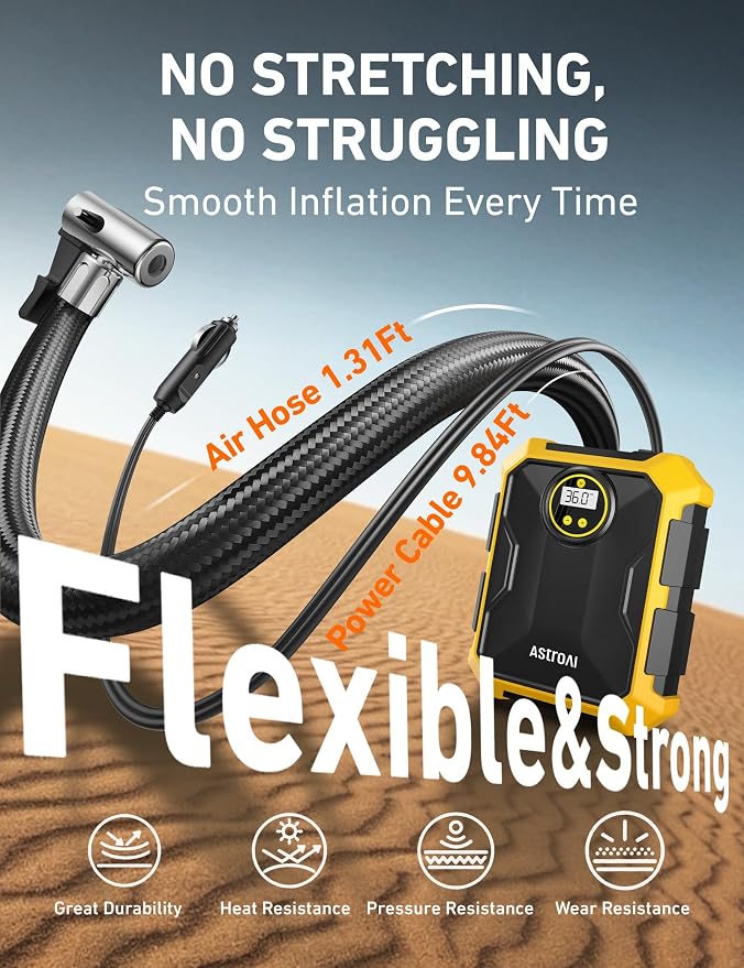 AstroAI Tire Inflator Portable Air Compressor 12V DC 100PSI, Integrated Storage, Digital Gauge, Auto Shut-Off Fast Inflation LED Light, Air Pump for Car Tires Bike Motorcycle Other Inflatables, Yellow