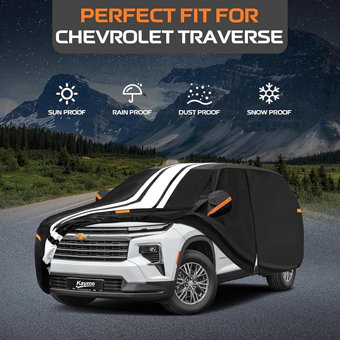 Kayme Heavy Duty Car Cover Custom Fit for Chevrolet Traverse (2008-2026), Outdoor Full Exterior Cover with Tape and Towel, Rain Snow Sun UV Protection.