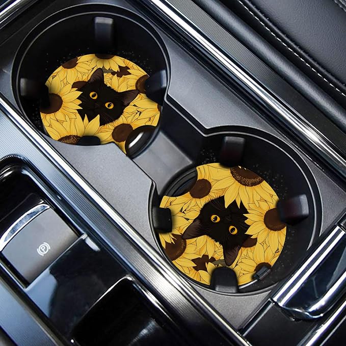 WOCOCN Car Coasters,Cup Holder Coasters for Car,2.75inch Anti Slip and Absorbent,Cute Automotive Interior Accessories for Cup Holder,Pack of 2 (Black Cat)