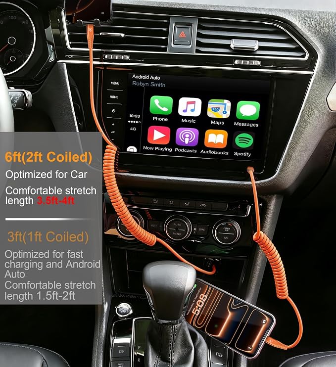USB C to C Cable 6FT, 2Pack Coiled USB C Fast Charging Cable for CarPlay | iPhone USB-C Cable/Android Auto USB C Cord USB Type-C Cable for iPhone 17/16/15/Pro Max/Samsung Galaxy S26 and More-Orange