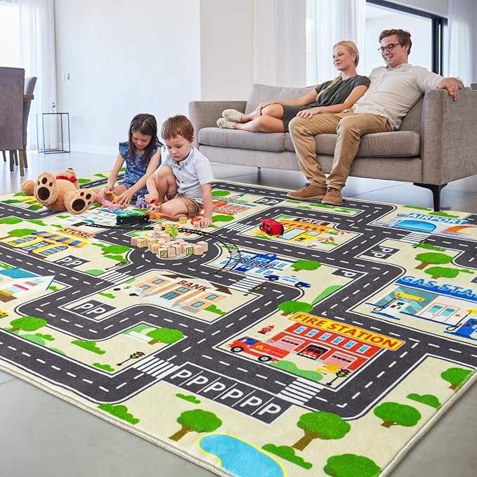 Car Rug Play Mat for Kids Toy Cars, City Road Traffic Playmat for Kid Bedroom, Non-Slip Machine Washable Kids Rugs for Learn and Have Fun 5'x7'/ 60"x84", Beige