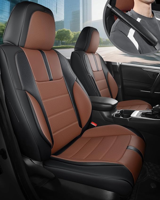 FREESOO Universal Full Seat Covers, Waterproof Faux Leather Automotive Seat Covers with Carbon Fiber Texture Seat Belt Pads, Anti-Slip Airbag Compatible Car Seat Covers for Cars SUVs Trucks