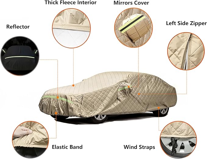 7 Layers Waterproof Cover, Heavy Duty Car Covers with Zipper Door, All-Weather Car Cover – Protects Against UV Rays, Hail, Water, Dust & Snow, Universal Fit Sedan 186" to 193"(Khaki)