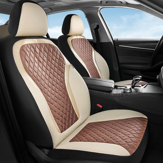 Coverado Front Seat Covers, Luxury Diamond Leather Car Seat Cover with Carbon Fiber Weave, Waterproof Car Seat Cover Driver Seat Cover Spill-Proof Design Universal Fit for Most Cars, Beige&Brown