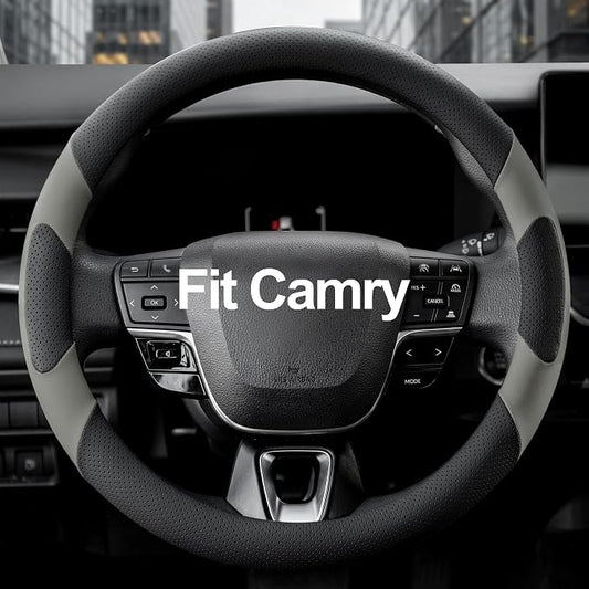 West Llama Customized Auto Car Steering Wheel Cover for Toyota Camry 2006-2025 2026 SE XSE Hybrid LE XLE 2006-2026, Microfiber Leather, 14.5-15inch, Black + Gray