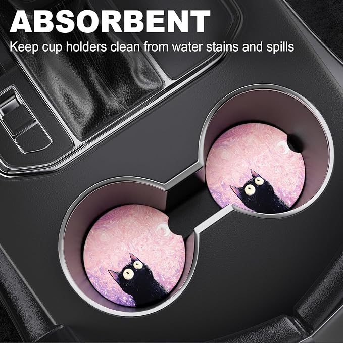 2 Pack Car Cup Holder Coaster, 2.63 inch Anti Slip Insert Absorbent Ceramic Car Coaster with Cork Base and Finger Notch, Cute Car Accessories Interior for Women, Cute Car Coasters.