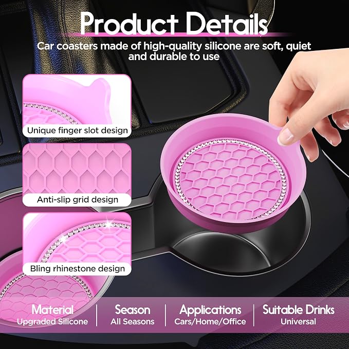 Amooca Car Cup Coaster Universal Non-Slip Cup Holders Bling Crystal Rhinestone Car Interior Accessories 4 Pack Pink