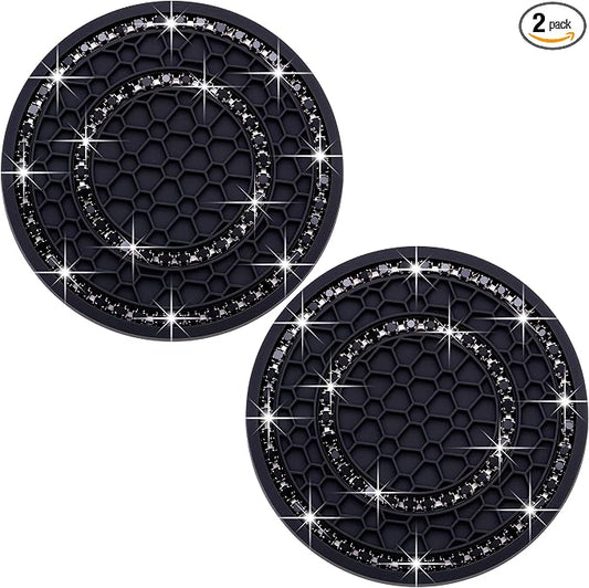 2PCS Bling Crystal Rhinestone Cup Holder Coaster, 2.75 inch Soft Silicone Anti-Slip Shockproof, Car Cup Holder Insert Coasters, Universal Car Interior Accessories for Women (Black)