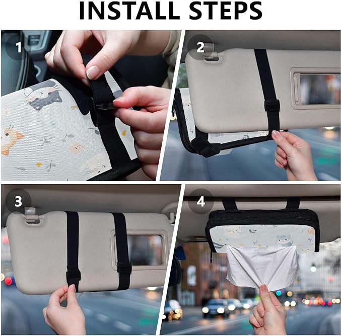 Car Tissue Holder Napkin Dispenser Box Storage Case Sun Visor Mask Holders with Adjustable Straps Reusable Refillable Cute Cats