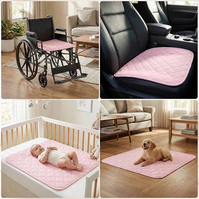 2 Pack Waterproof Chair Pads for Incontinence - Waterproof Seat Protector Pads 22" X 21", Resuable Washable Non-Slip Absorbent Chair Seat - Absorbent for Bed, Seat, Car, Wheelchair & Recliner（Pink）