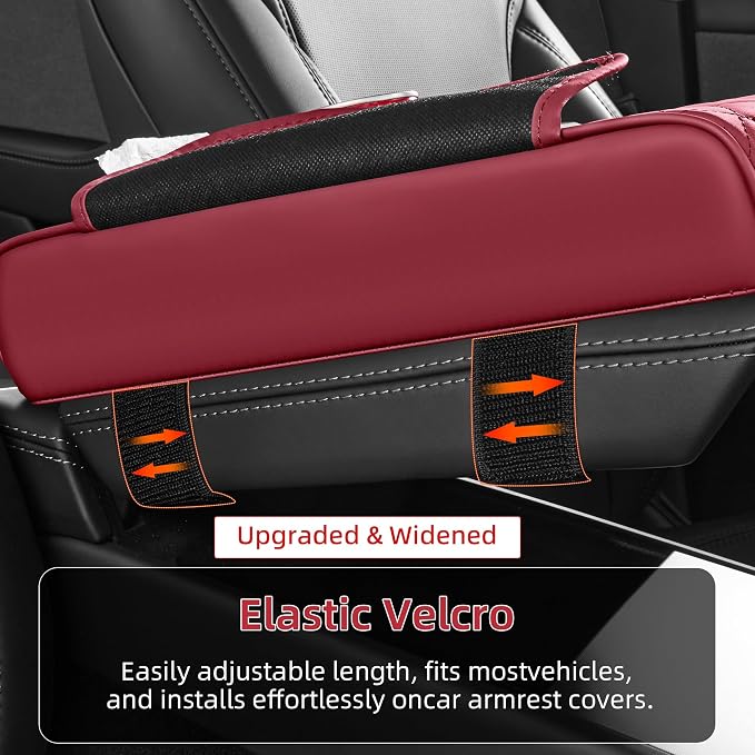5 in 1 Nappa Leather Console Armrest Cover, Burgundy | Built-in cup holder, tissue slot, phone holder & 2 storage pockets, practical car accessories fit SUV sedan truck