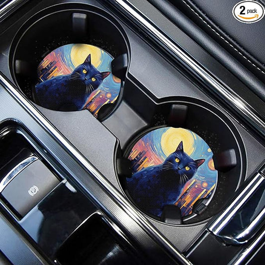 WOCOCN Cute Cup Holder Coasters for Your Car with Fingertip Grip, Auto Accessories for Women & Men,Pack of 2(Starry Sky Cat)