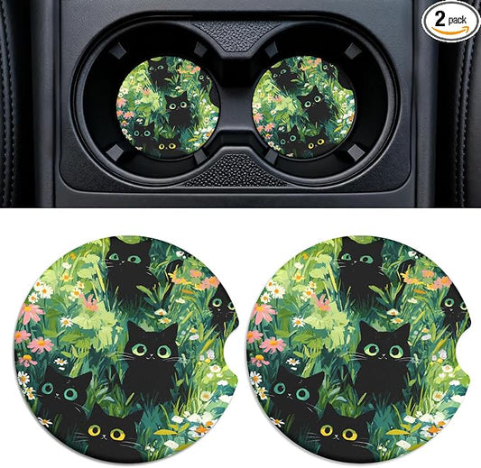 Car Cup Holder Ceramic Coasters 2 Pack, 2.56 in Anti Slip Absorbent Coaster with Cork Base and Finger Notch, Funny Cute Car Accessories Interior for Women, Some Cats