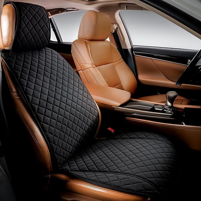 IVICY Faux Linen Front Car Seat Cover – Non-Slip Bucket Seat Protector for Most Cars, SUVs, Vans & Trucks – 1 Seat Cover, Machine Washable, Side-Airbag Friendly, Black